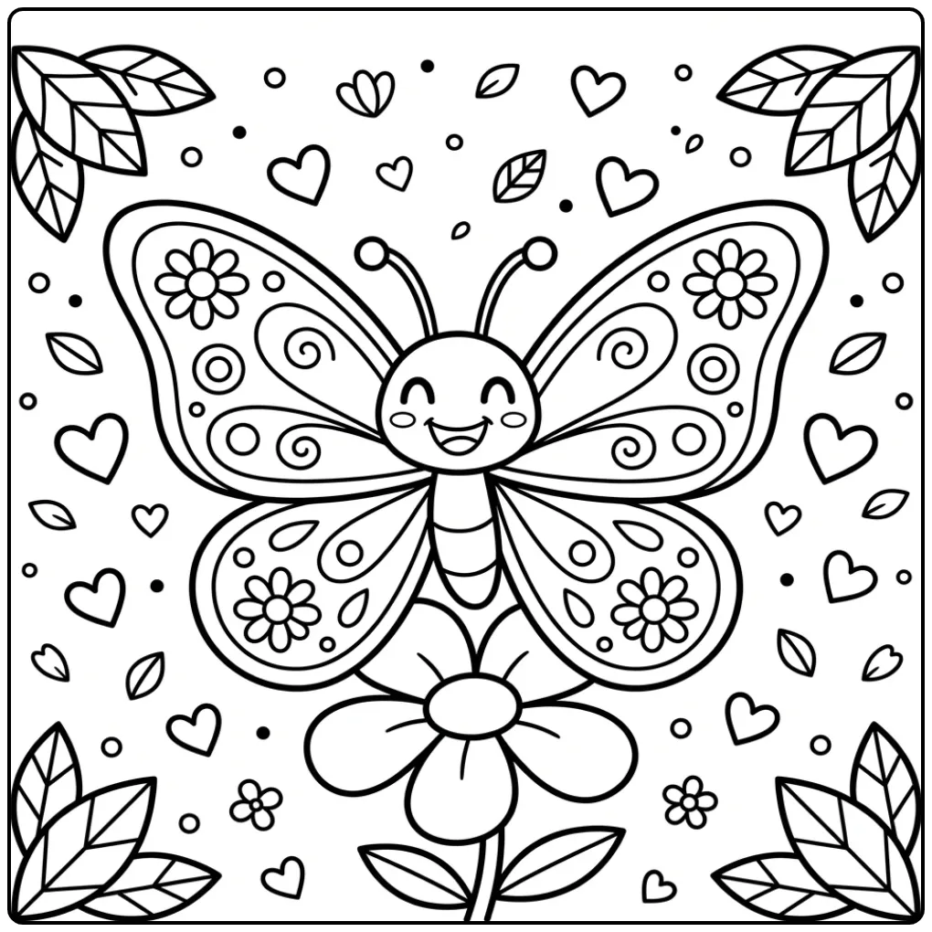 Vrolijke kleurplaat vlinder op een bloem met hartjes.