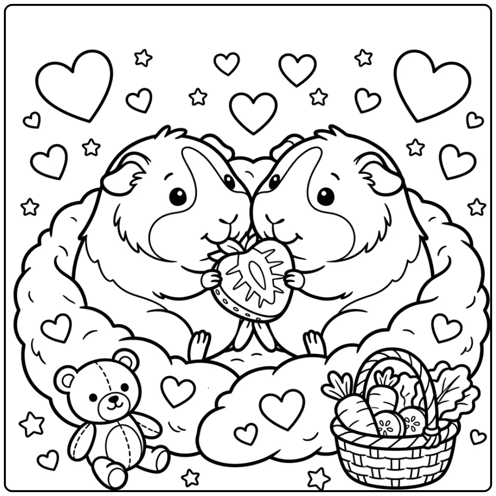 Schattige kleurplaat cavia's delen samen een grote aardbei.