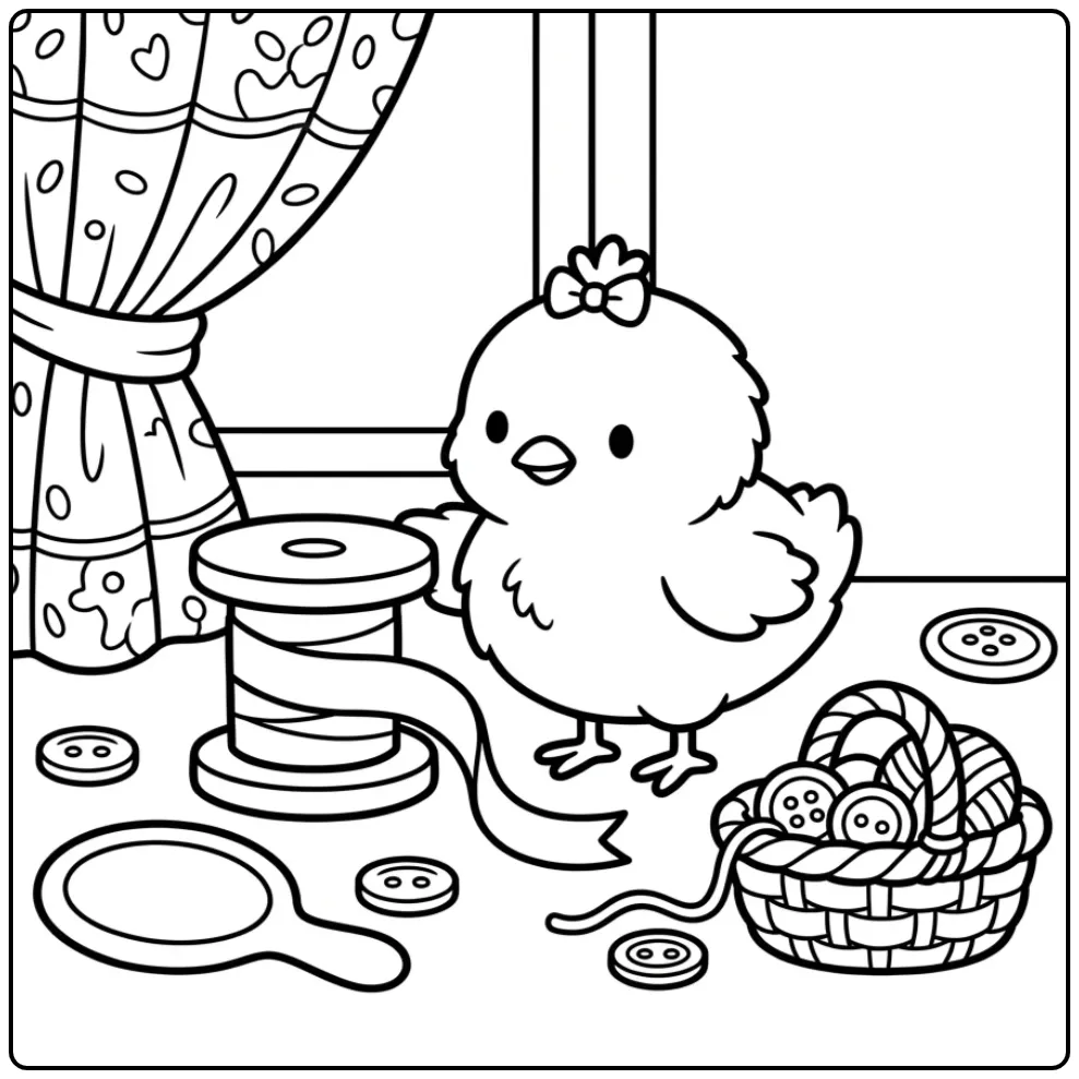 Schattige kuiken kleurplaat met strikjes en knopen.