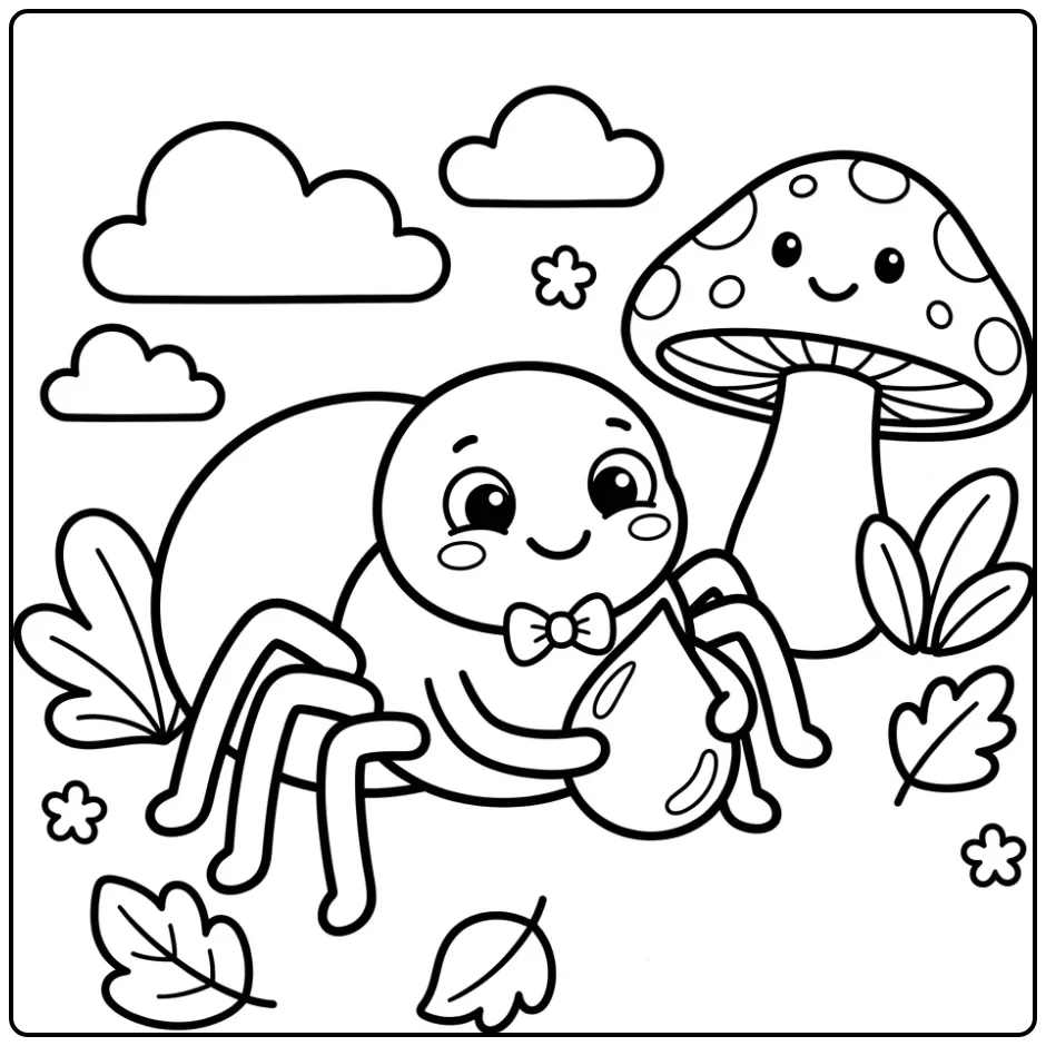 Schattige spin kleurplaat peuters met paddenstoel en druppel.