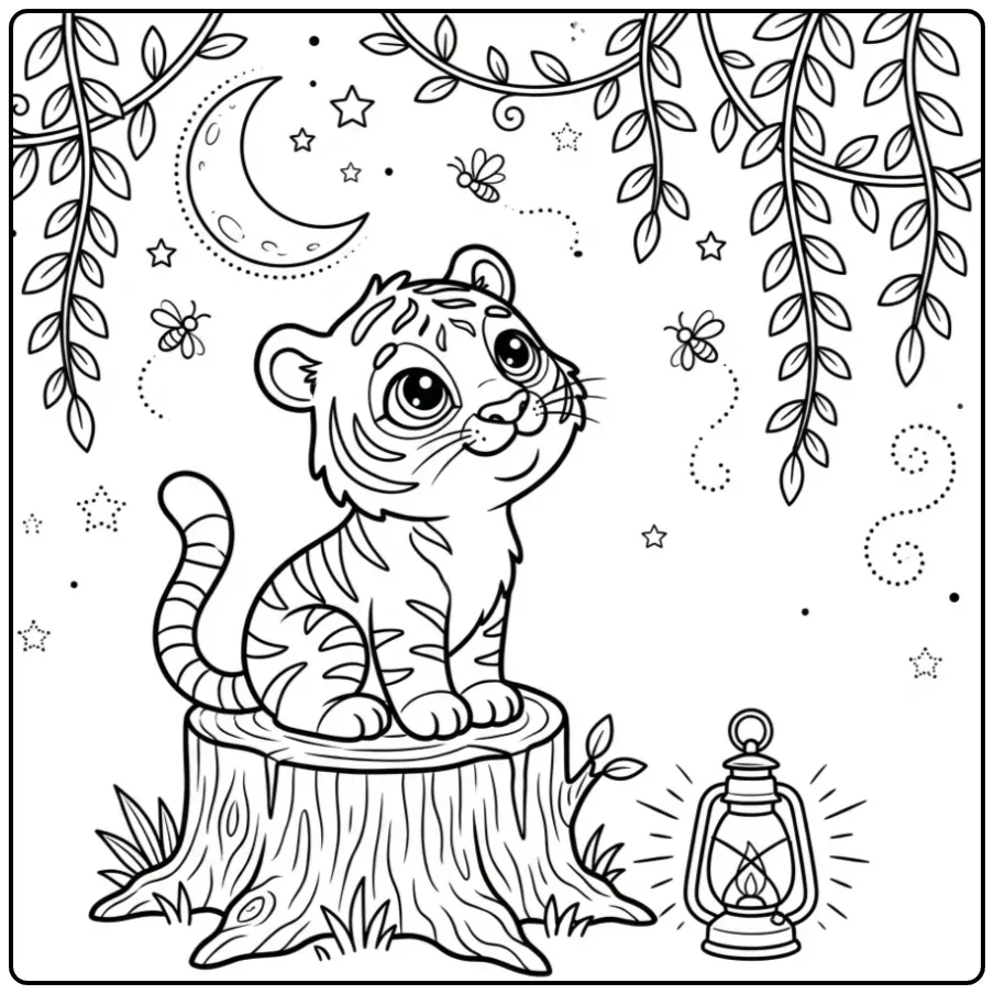 Schattige baby tijger kleurplaat kijkend naar de maan.