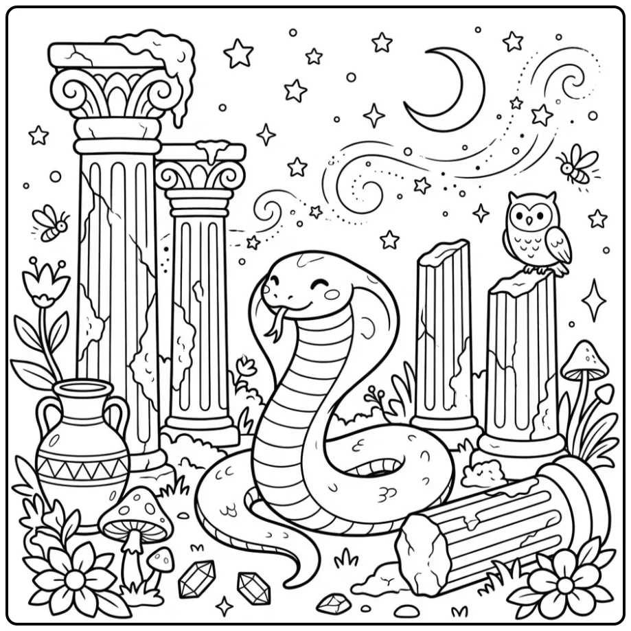Schattige cobra kleurplaat bij oude ruïnes onder de sterren.