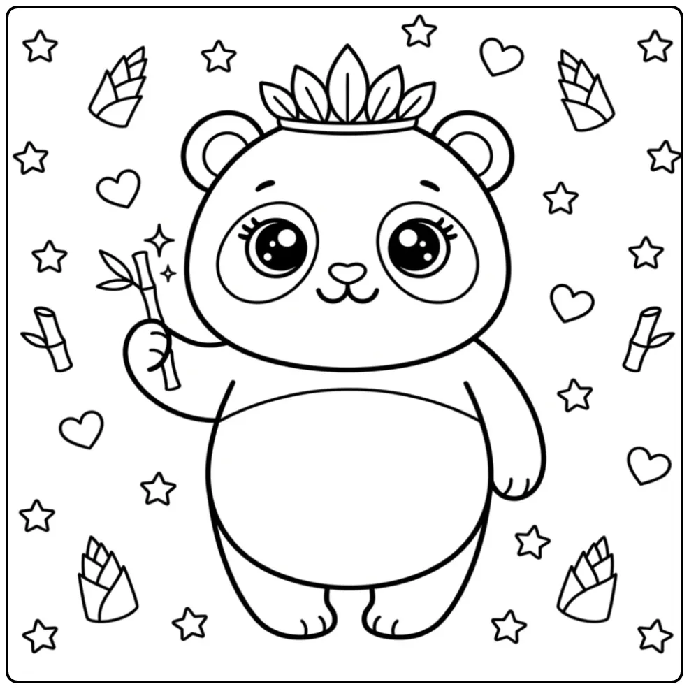 Schattige kawaii panda kleurplaat met een bamboe toverstaf.