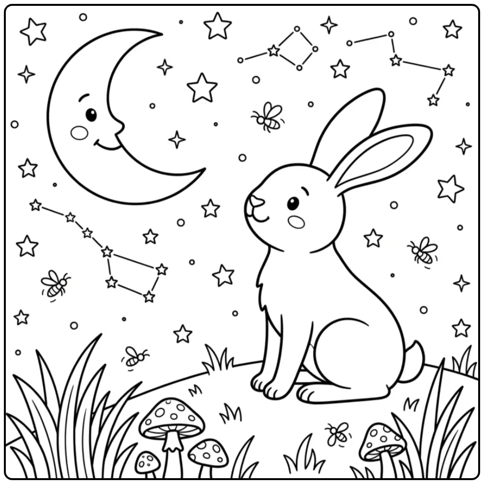Schattige kleurplaat haas kijkt naar de maan en sterren.
