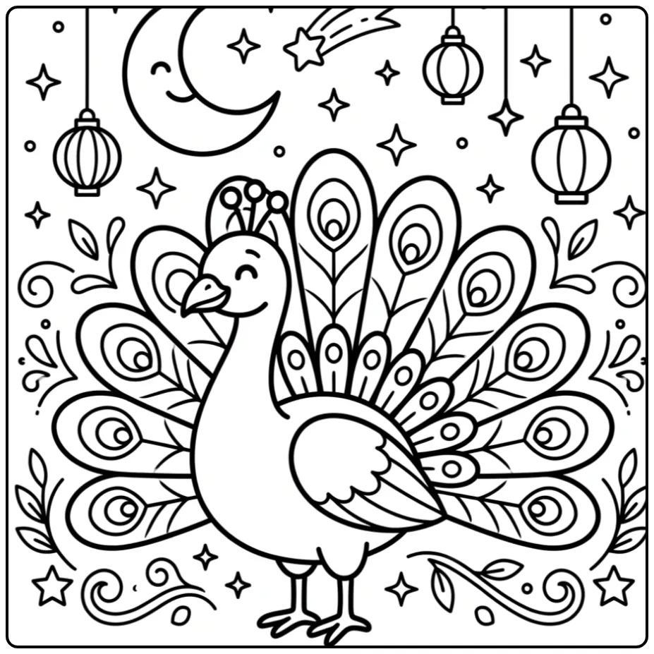 Schattige kleurplaat pauw onder een magische nachtelijke hemel