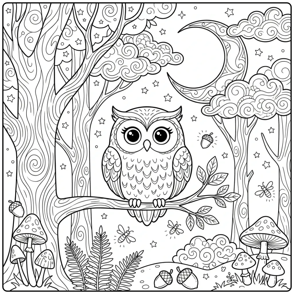 Gedetailleerde kleurplaat uil moeilijk in een magisch bos.