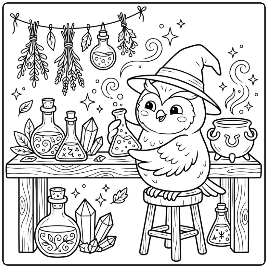 Kleurplaat uil volwassenen: alchemist met toverdrankjes.
