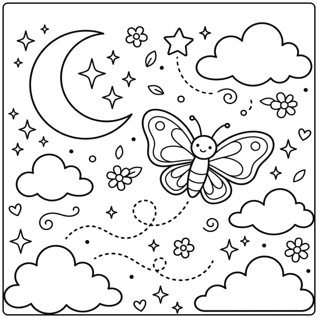 Schattige kleurplaat vlinder tussen wolken en sterren.