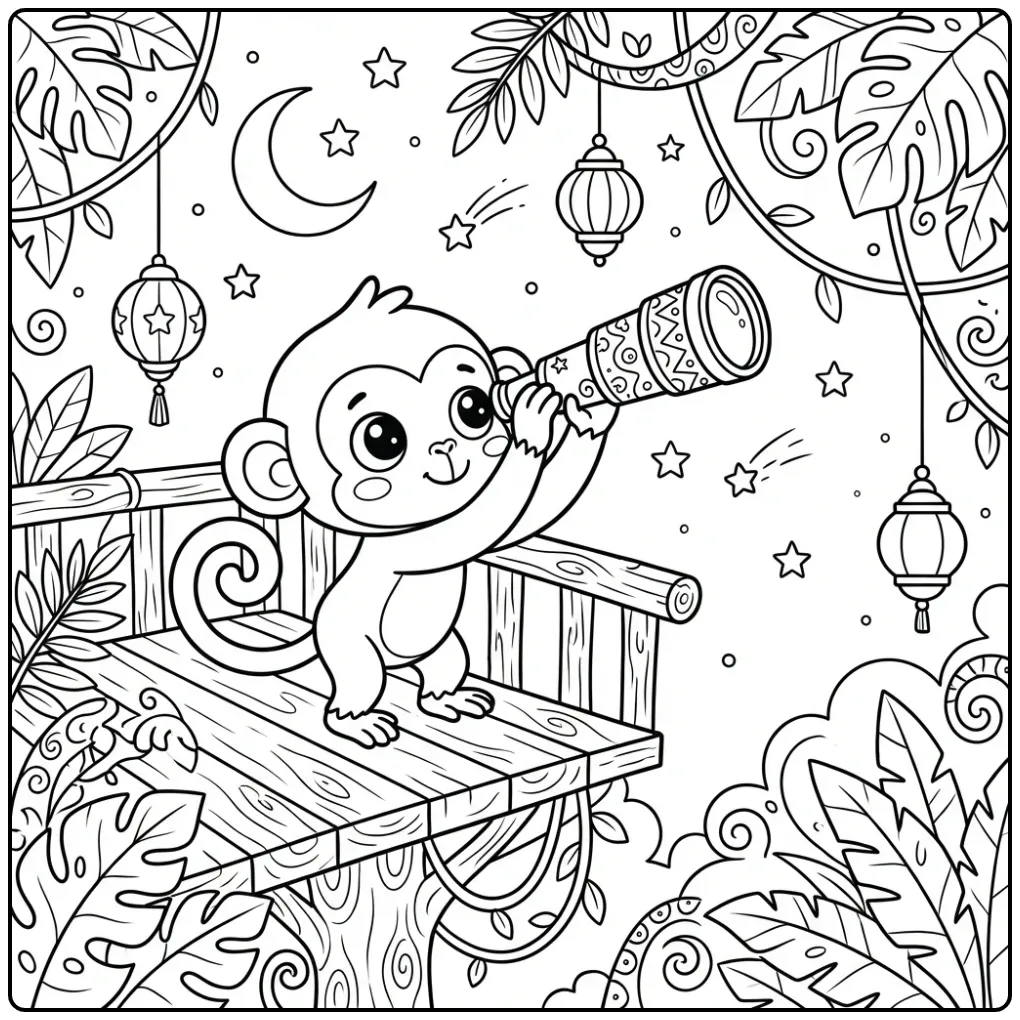 Schattige kleurplaat aap kijkt door telescoop naar de maan.