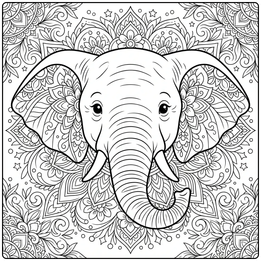 Gedetailleerde kleurplaat olifant moeilijk met bloemen.