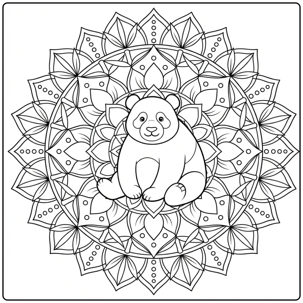 Een schattige panda kleurplaat met mandala bamboe bladeren.
