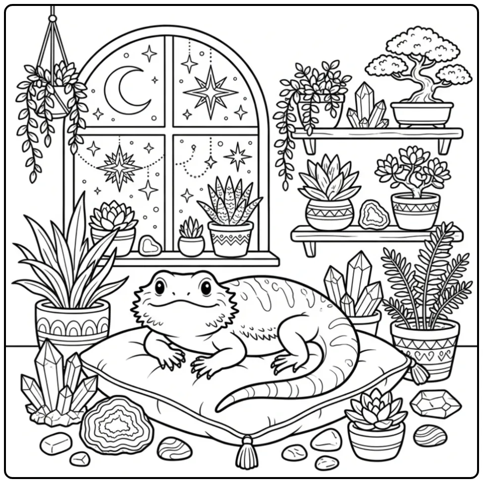 Rustige Baardagaam kleurplaat voor volwassenen bij maanlicht.