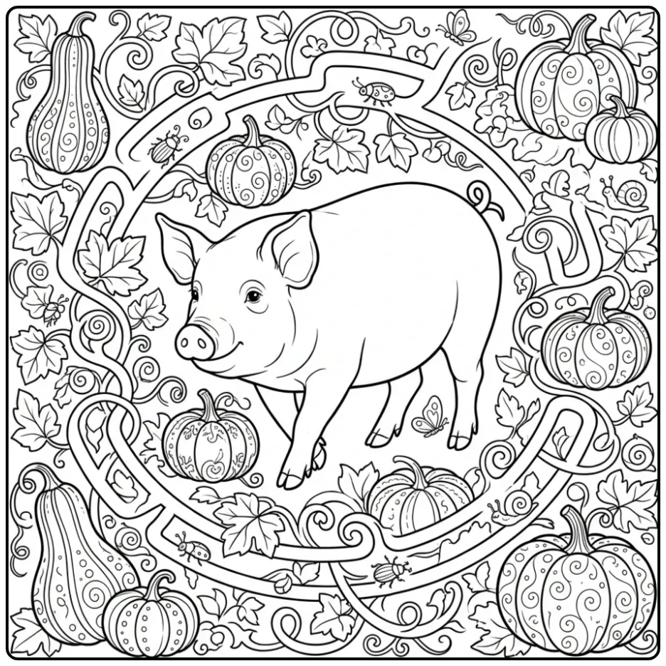 Moeilijke kleurplaten van varkens voor volwassenen en pompoenen