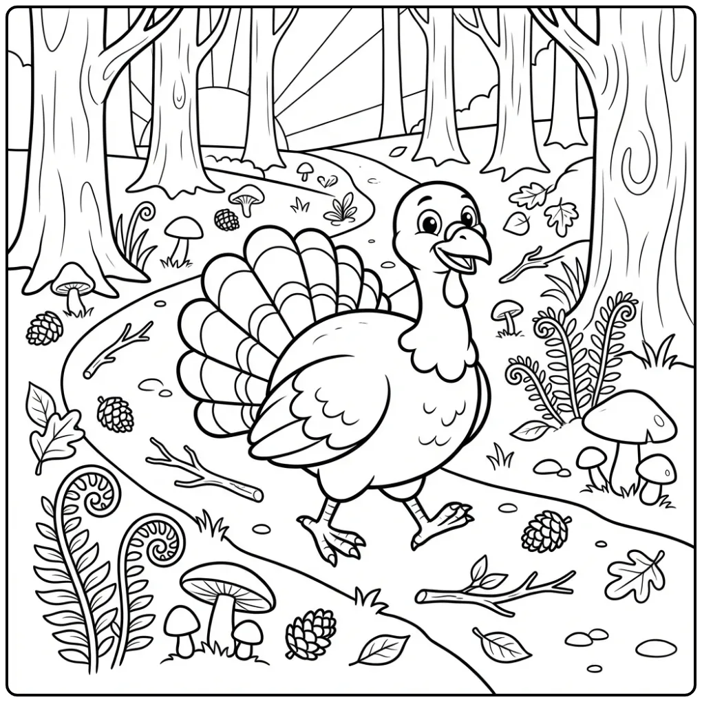 Realistische kalkoen kleurplaat wandelend door een rijk bos.