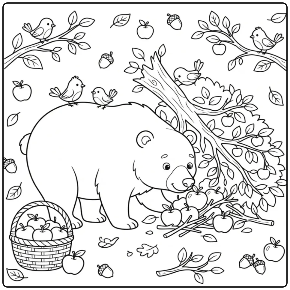 Een gedetailleerde kleurplaat beer die aan appels ruikt.