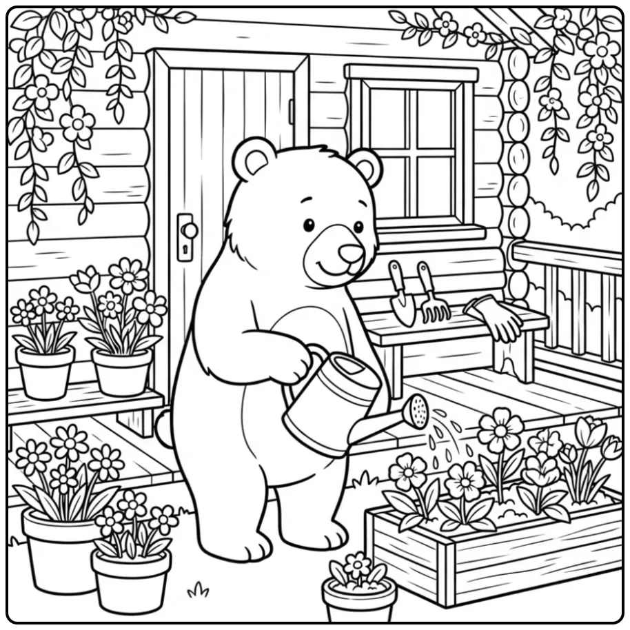 Schattige kleurplaat beer met bloemen en een gieter.
