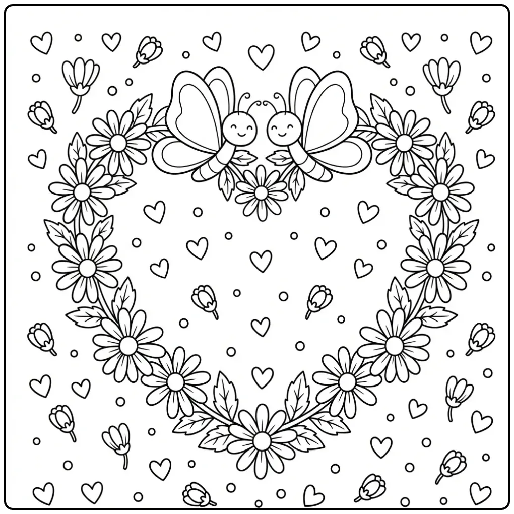 Schattige kleurplaat bloemen vlinders hartjes met madeliefjes