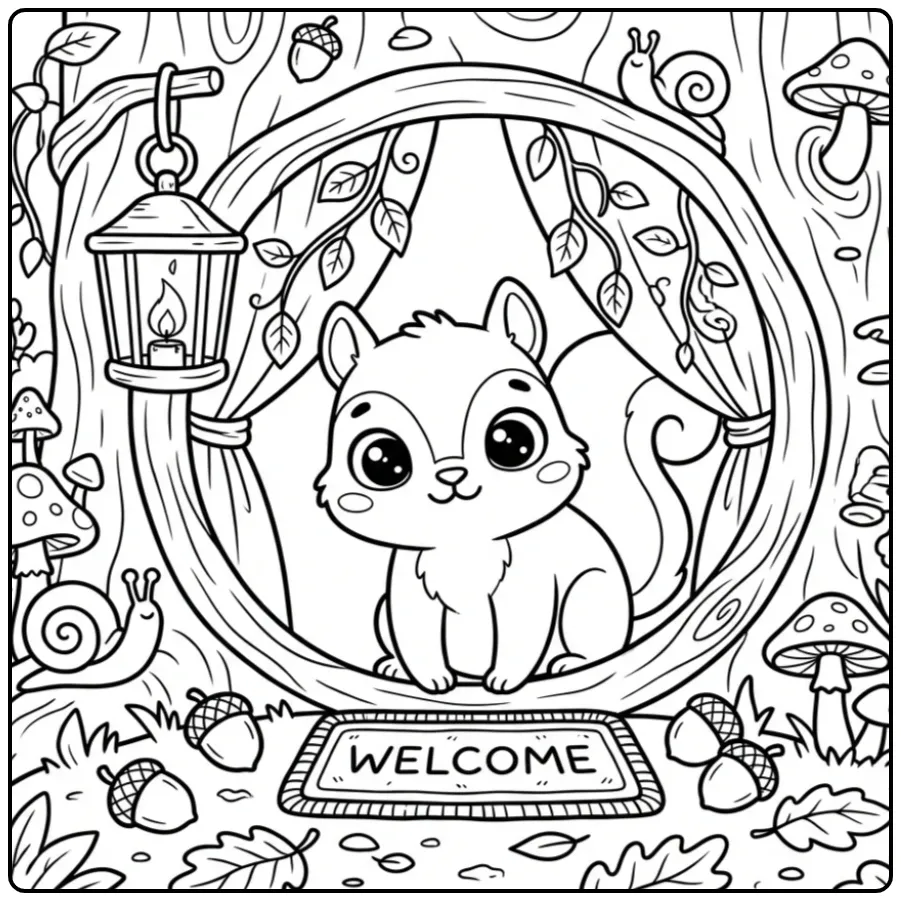 Schattige kleurplaat eekhoorntje in een knus boomhol.
