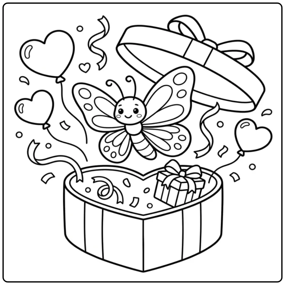 Feestelijke kleurplaat hartjes en vlinders uit een doosje.