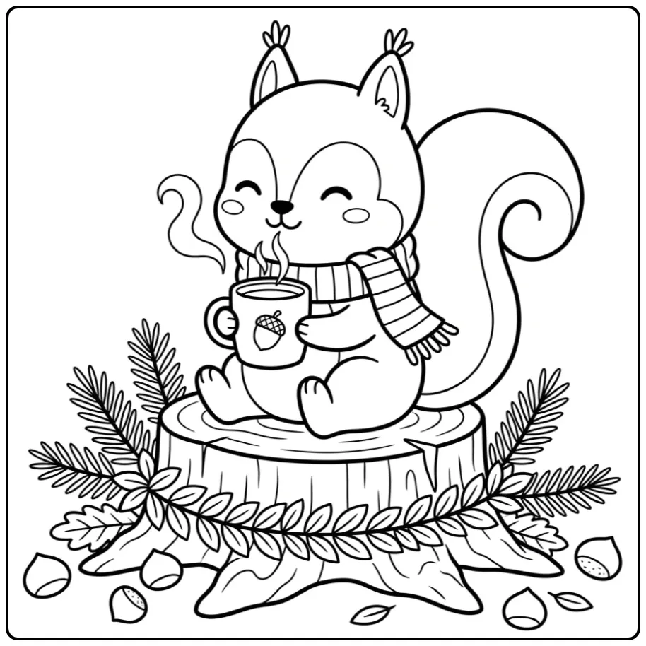 Schattige kleurplaat herfst eekhoorn drinkt warme cider.