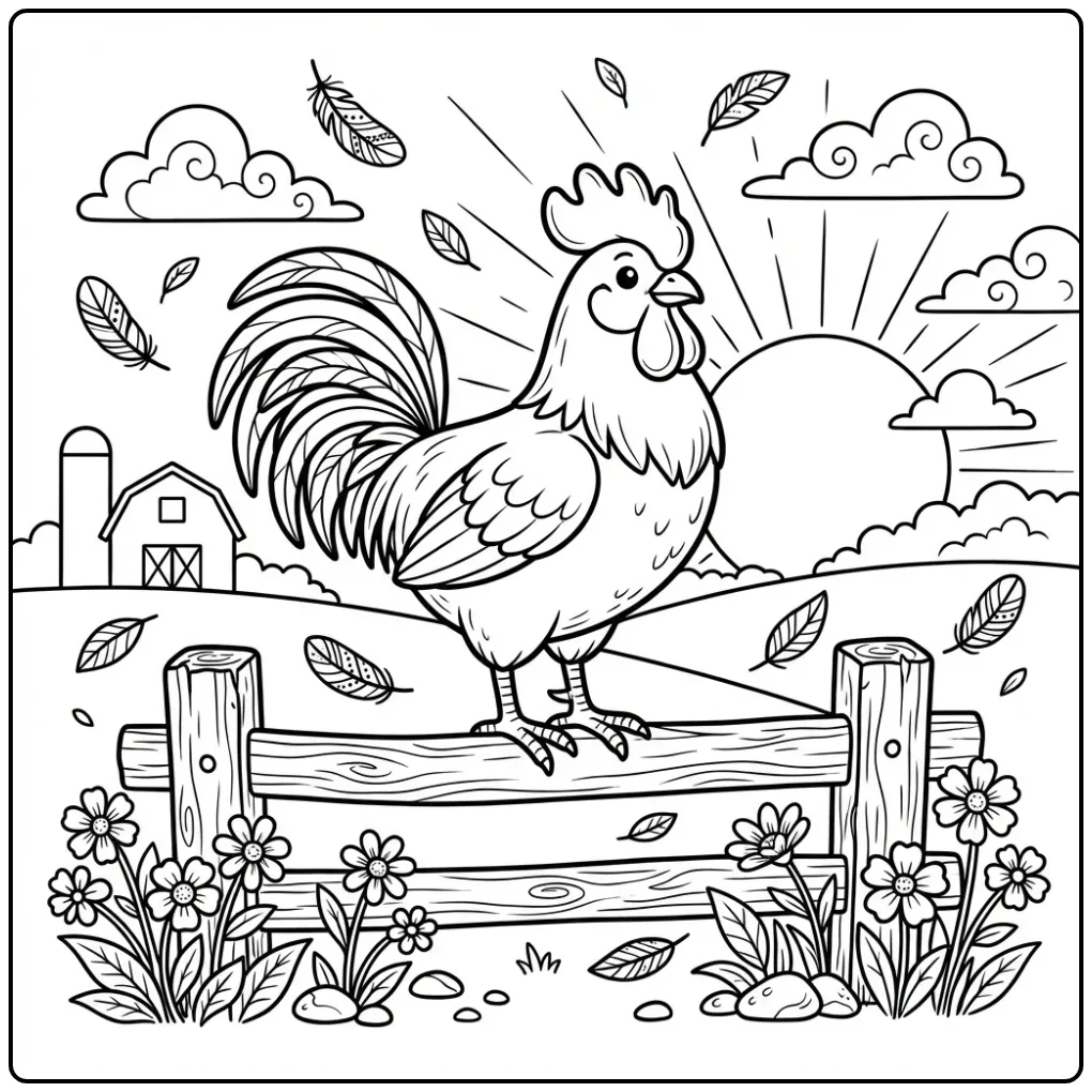 Kleurplaat kip van een haan op een hek bij de boerderij