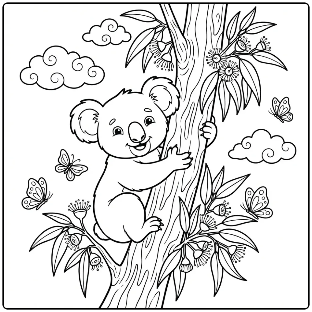 Schattige kleurplaat koala beer in een eucalyptusboom.