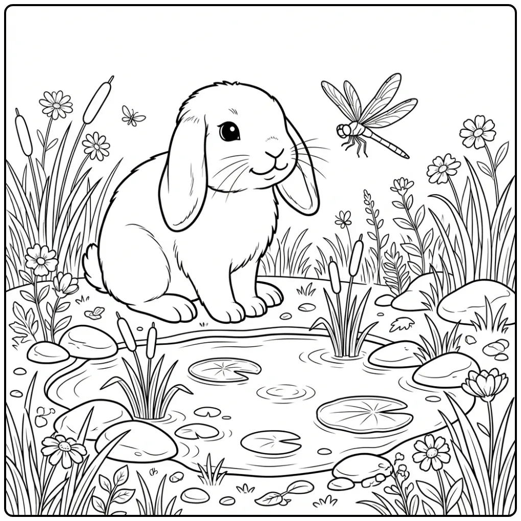 Schattige kleurplaat konijn hangoor bij een vijver met riet.