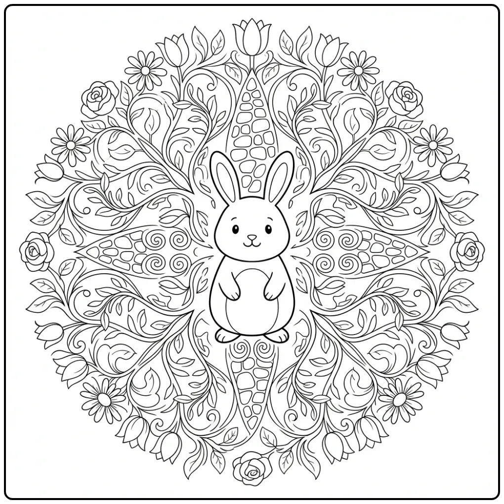 Schattige kleurplaat konijn mandala met bloemen in de tuin.