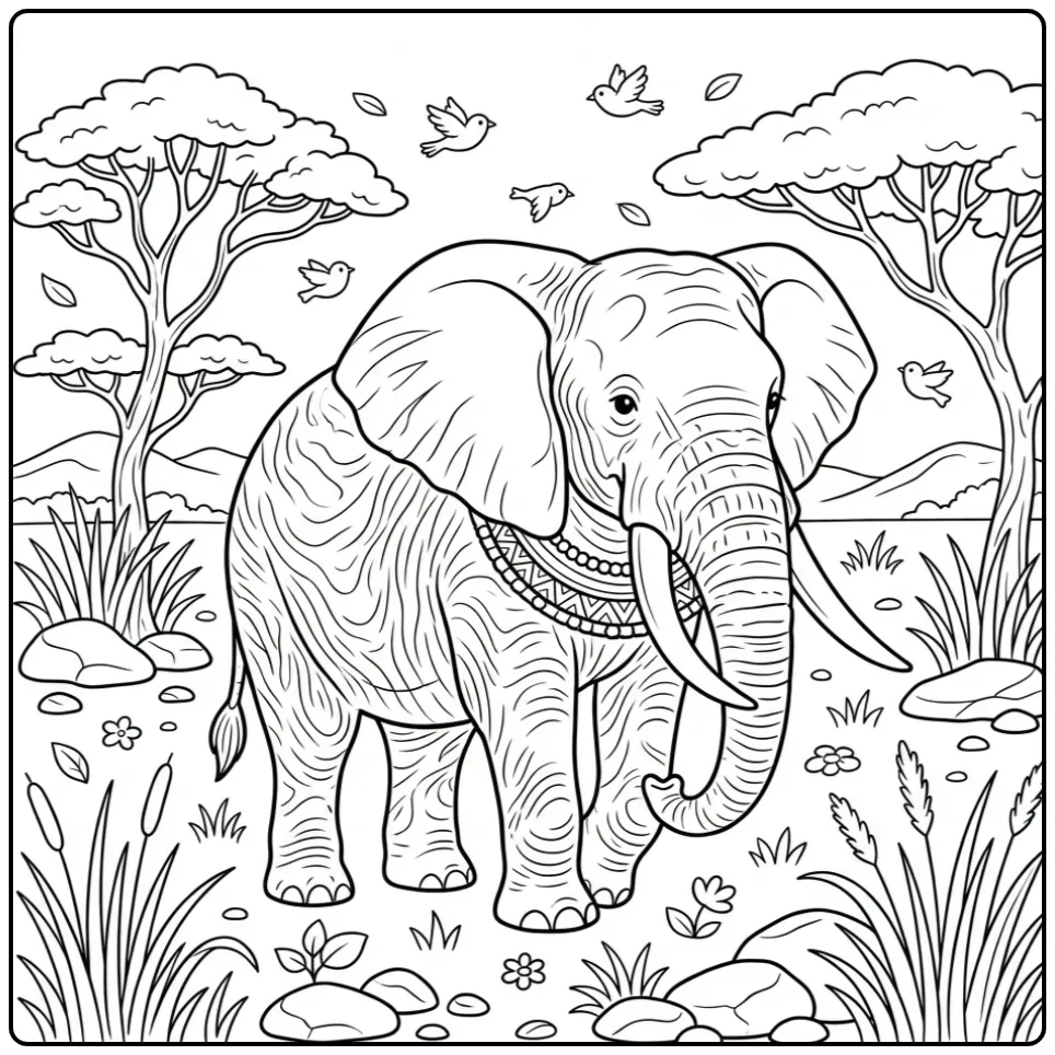 Gedetailleerde kleurplaat olifant moeilijk in de savanne.