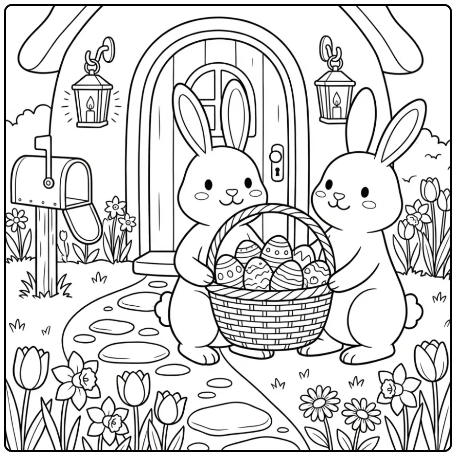 Leuke kleurplaat paashaas met mandje voor een huisje.