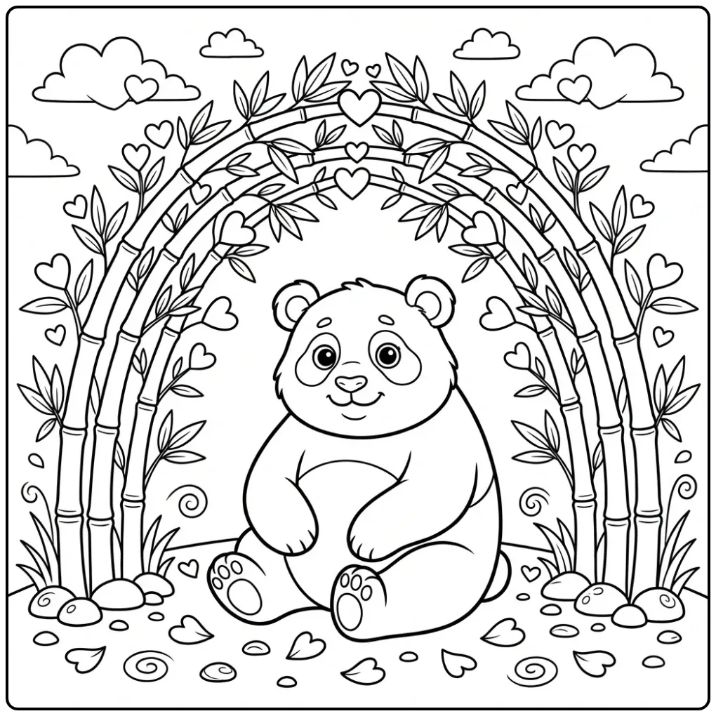 Schattige kleurplaat panda met hartje onder een bamboe boog.