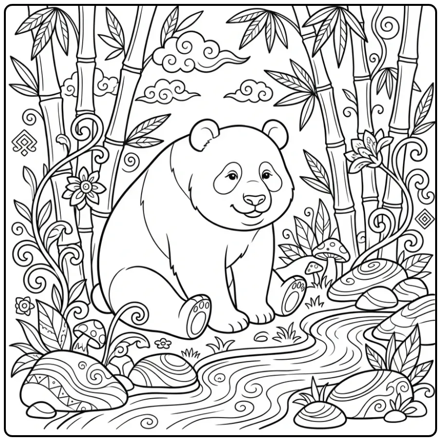 Schattige kleurplaat panda met hartje en bamboe.