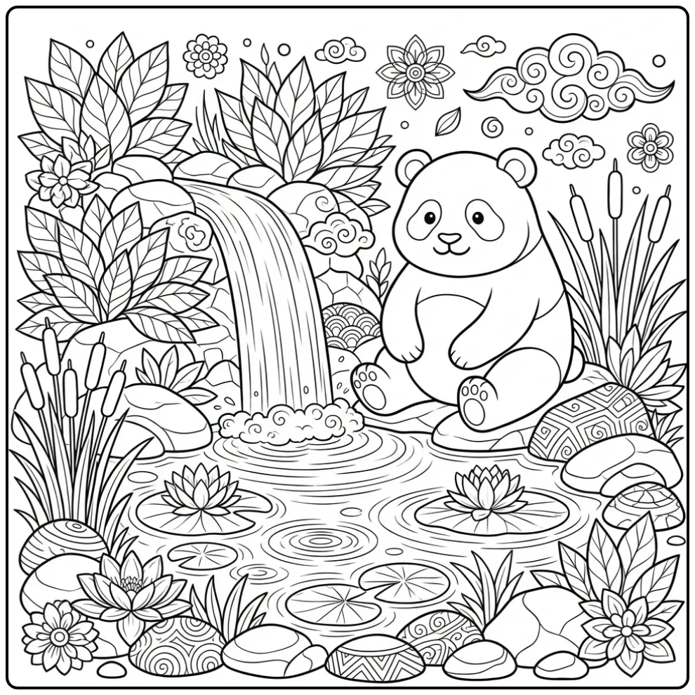 Een schattige kleurplaat panda met hartje bij een waterval.