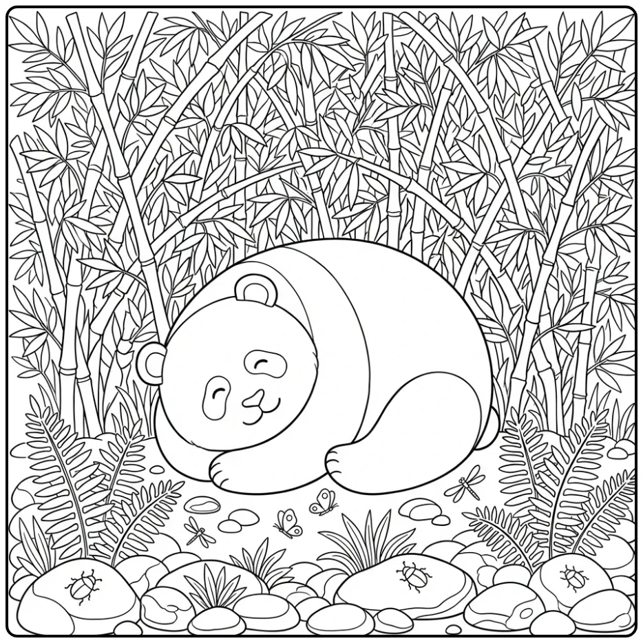 Een gedetailleerde kleurplaat panda met hartje in de natuur.