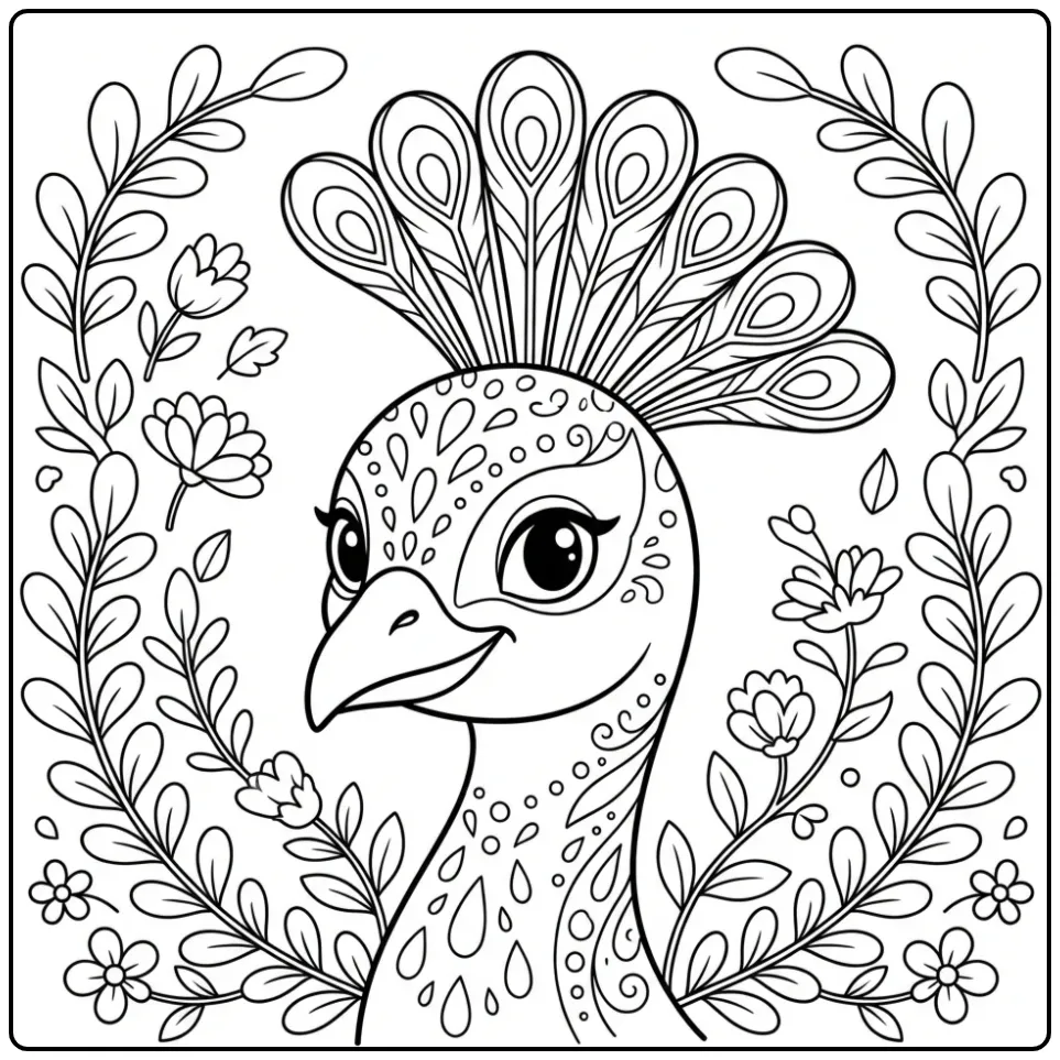 Schattig portret voor jouw kleurplaat pauw met bloemen.