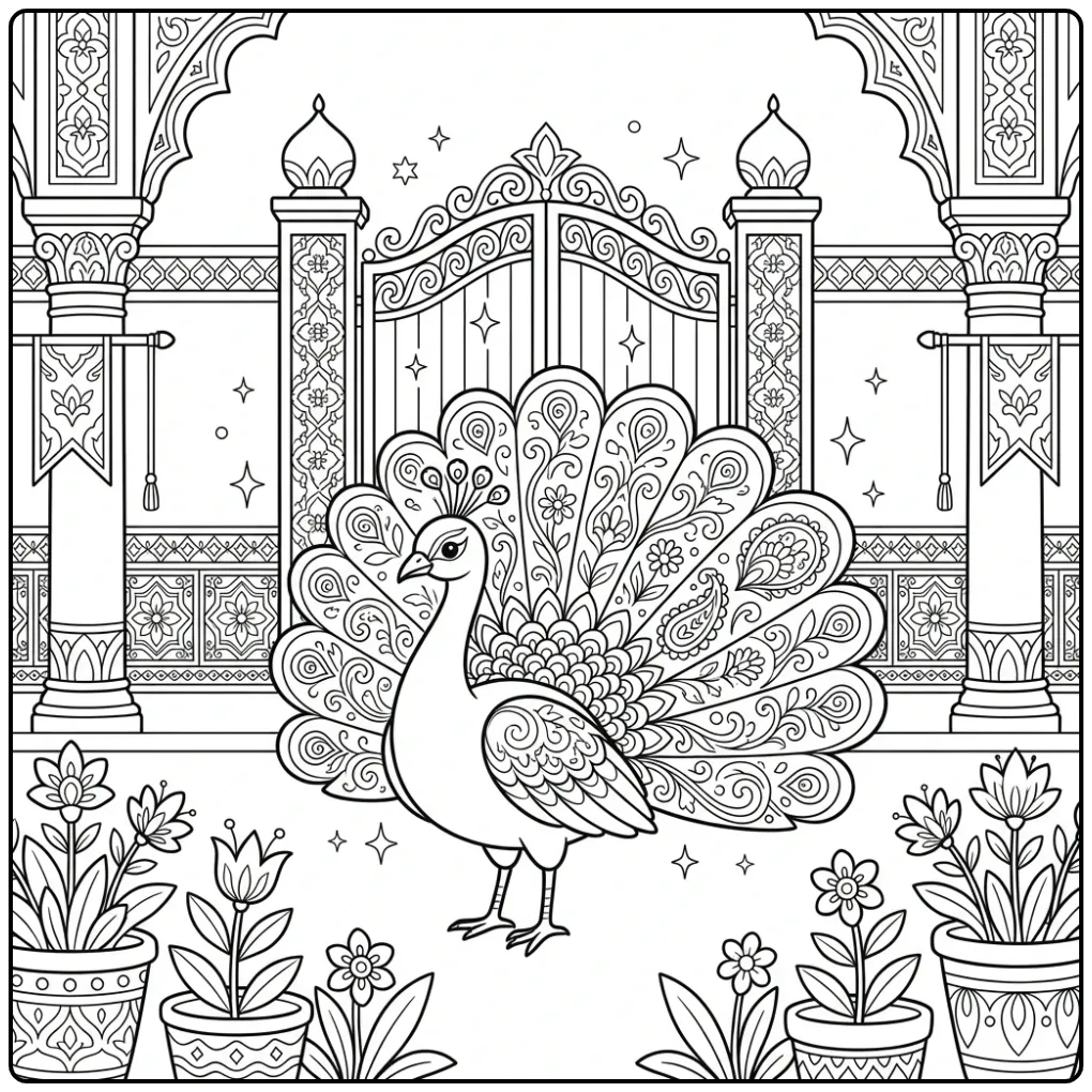 Gedetailleerde kleurplaat pauw moeilijk voor een paleispoort