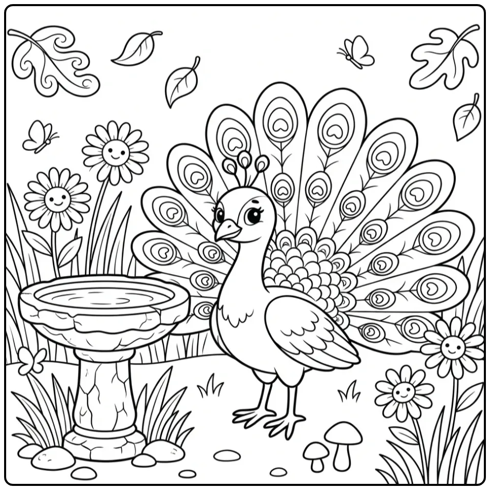 Kleurplaat pauw met open staart bij vogelbadje en bloemen.