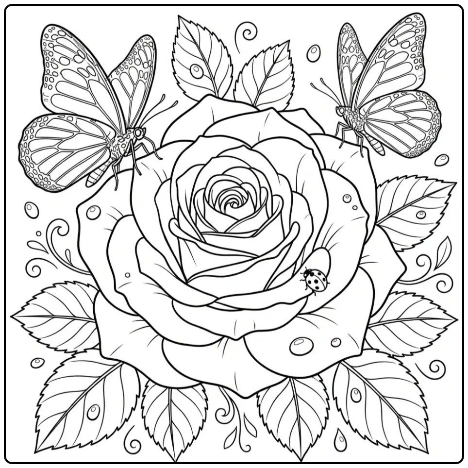 Schattige kleurplaat roos en vlinder met lieveheersbeestje.