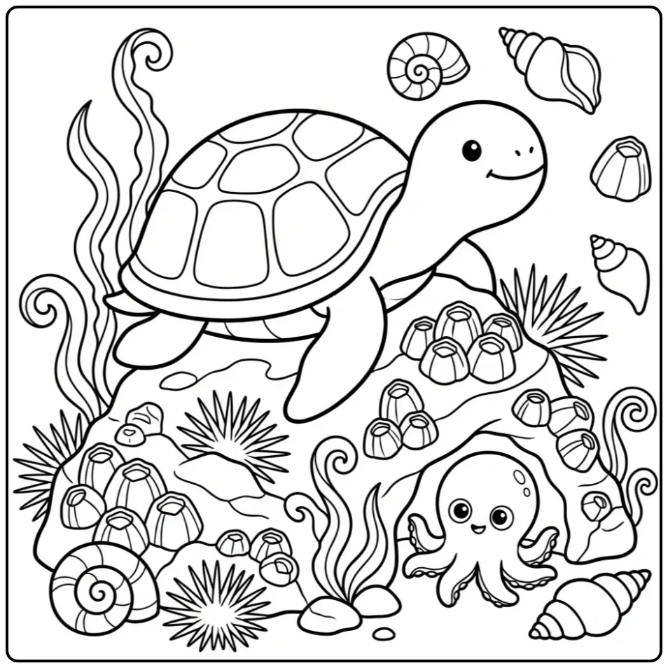 Gedetailleerde kleurplaat schildpad moeilijk op de zeebodem