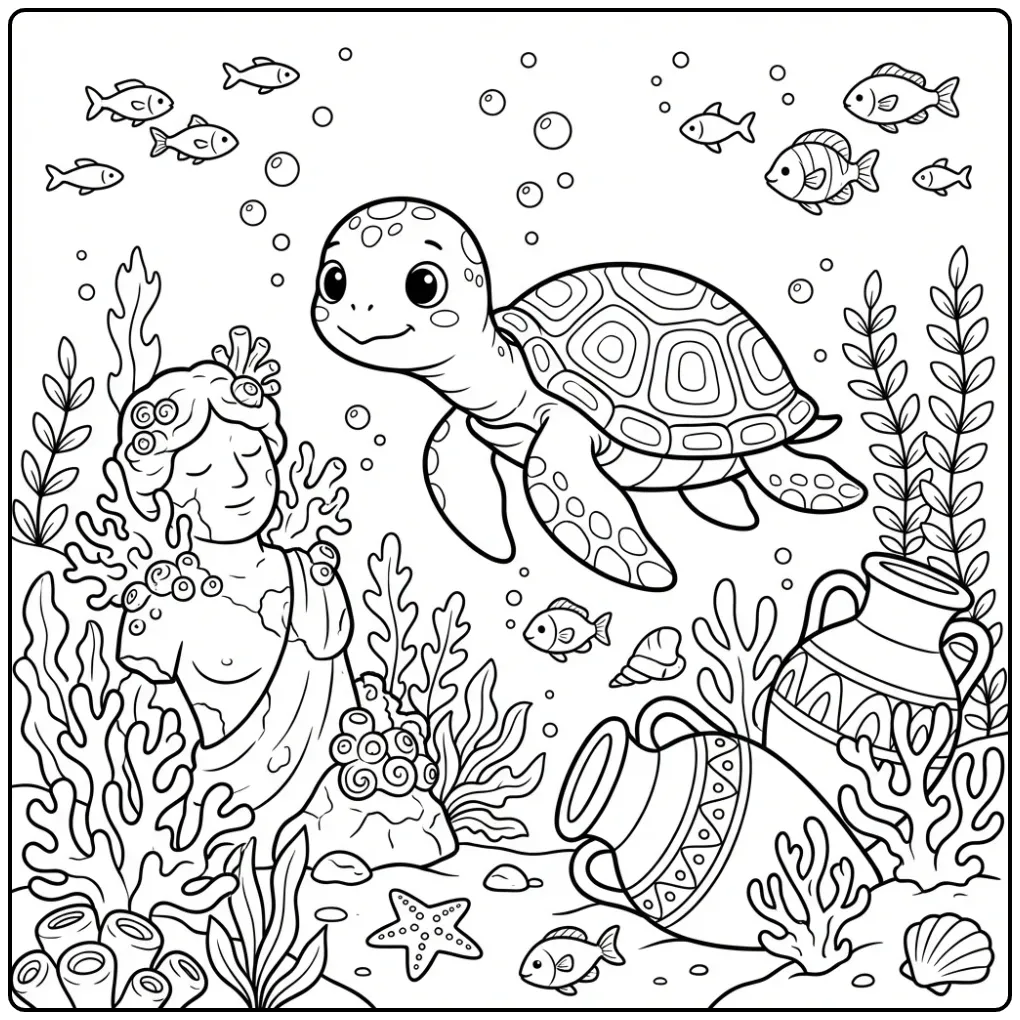 Gedetailleerde kleurplaat schildpad moeilijk met zeebodem.