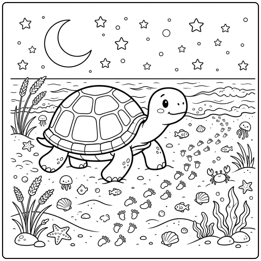 Kleurplaat schildpad op strand onder de maan en sterren.