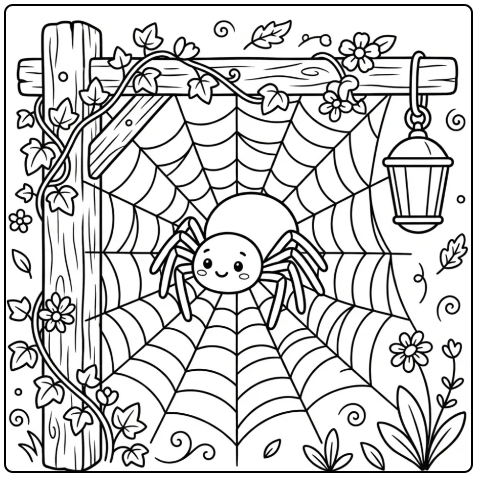 Leuke kleurplaat spinnenweb met spin op een houten hek.