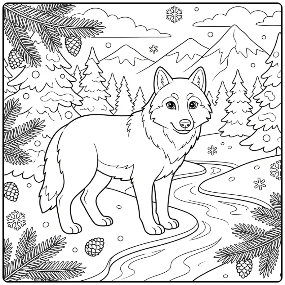 Schattige kleurplaat wolf in een besneeuwd dennenbos.