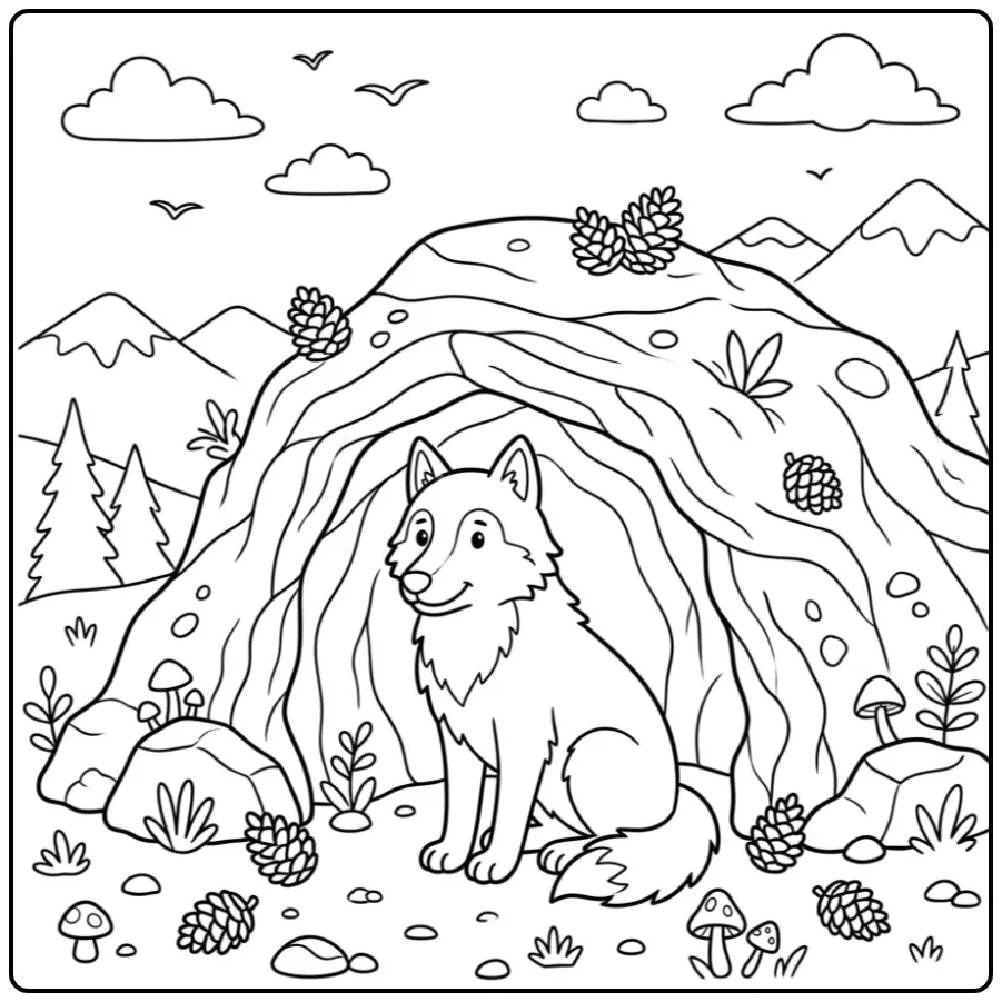 Schattige kleurplaat wolf zittend voor een stenen grot.