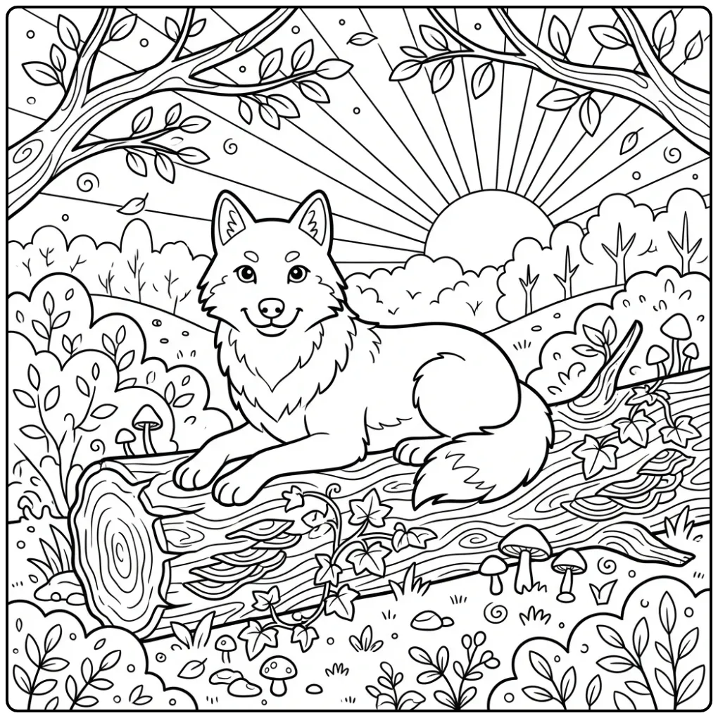 Rustende kleurplaat wolf op een boomstam in het bos.
