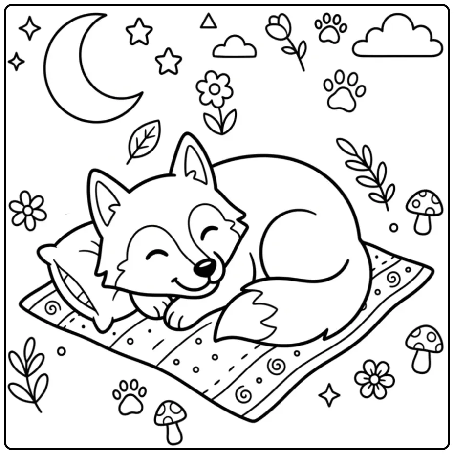 Een schattige kleurplaat wolf makkelijk slapend op een deken.