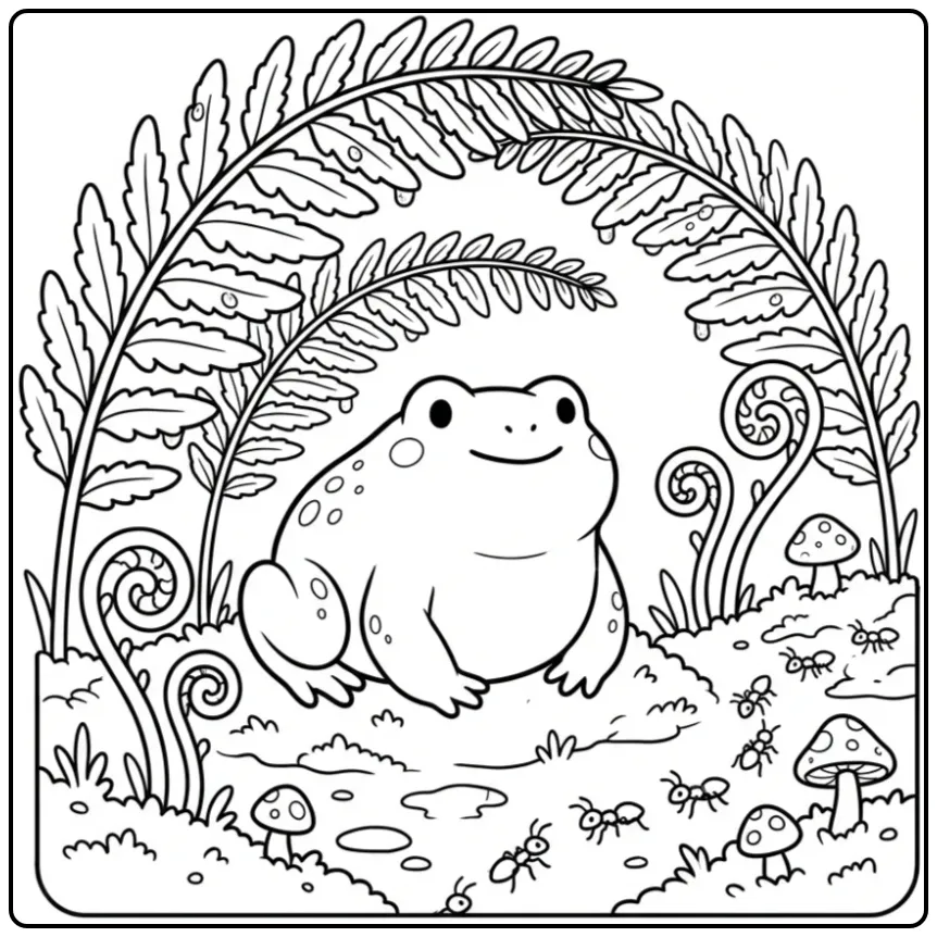 Realistische toad kleurplaat met paddenstoelen en mieren.