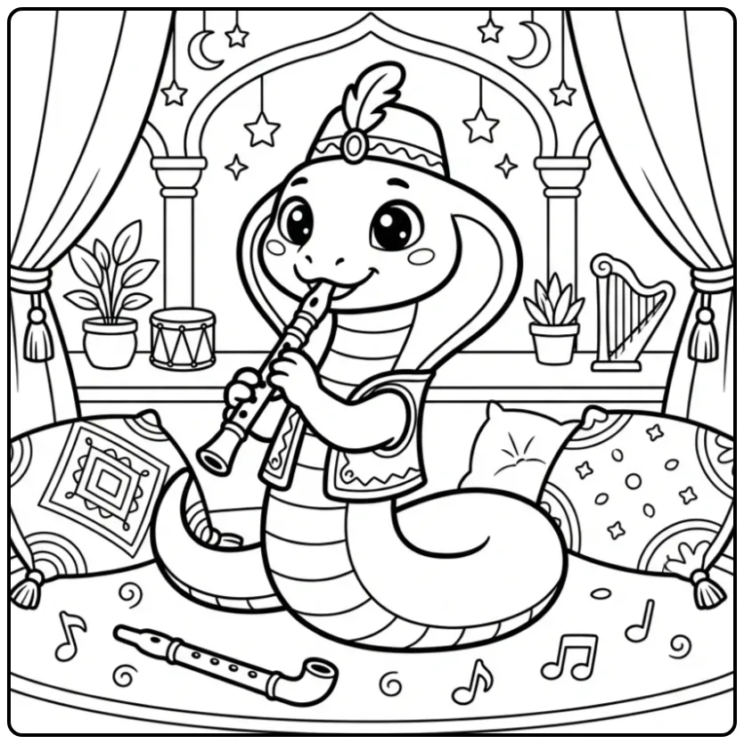 Leuke cobra kleurplaat met fluit en muzieknoten.