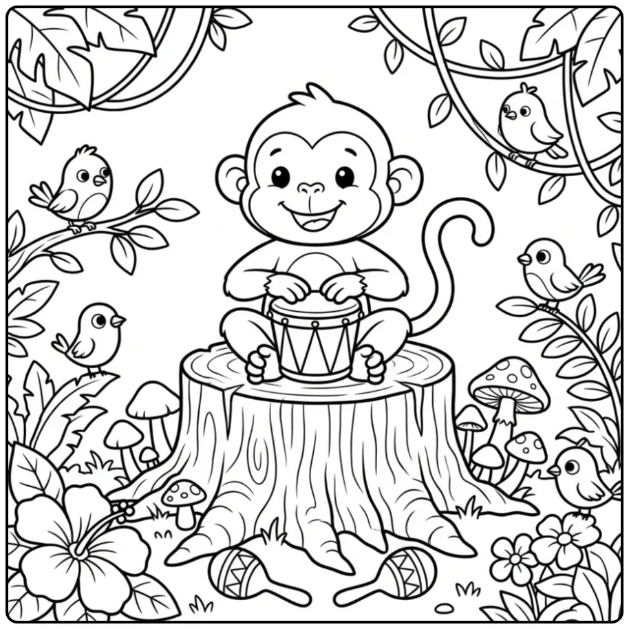 Schattige kleurplaat aap op een boomstronk met trommel.