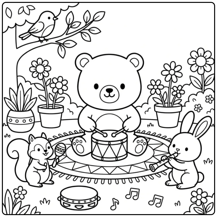 Kleurplaat beertje speelt vrolijk op een trommel in de tuin.